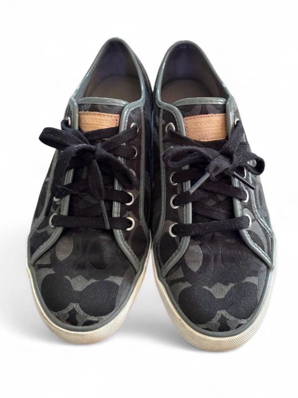 Coach Black Signature Pattern Low-Top Sneakers with Tan Accent